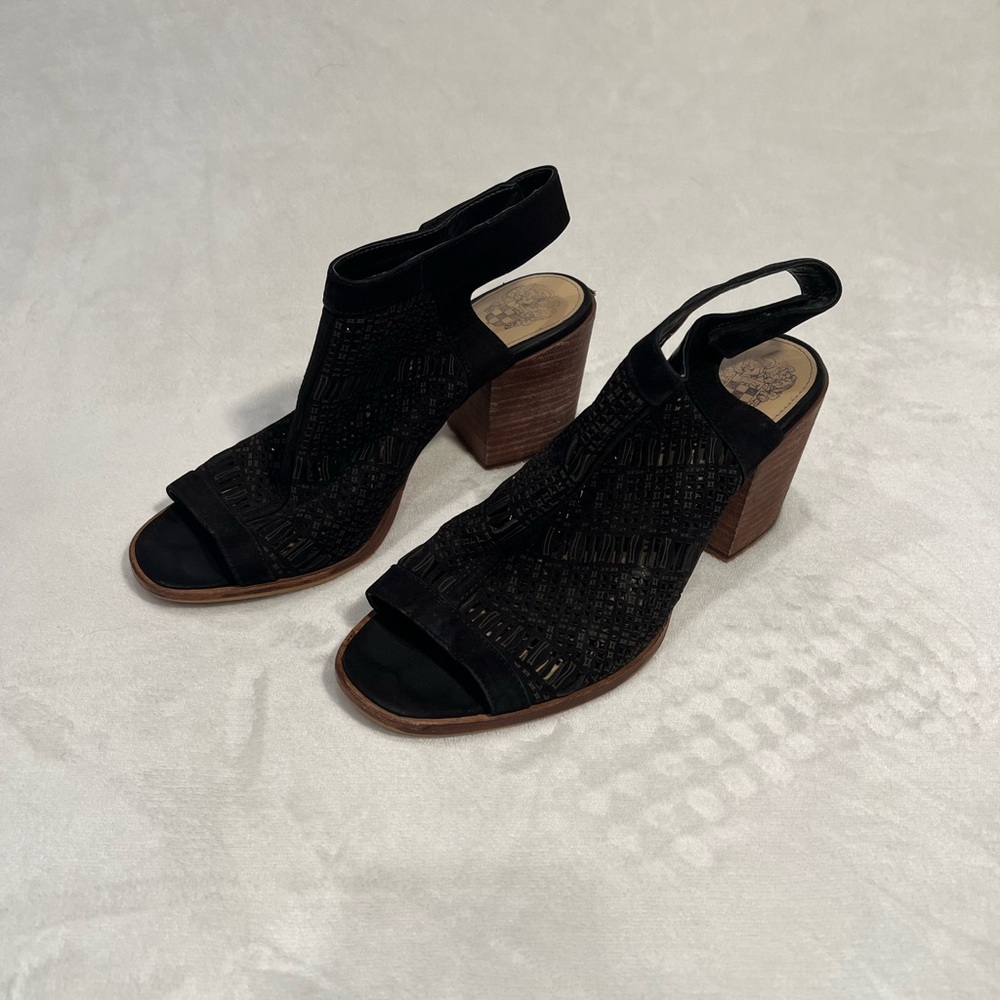Black Vince Camuto Peep Toe Block Heel Sandal